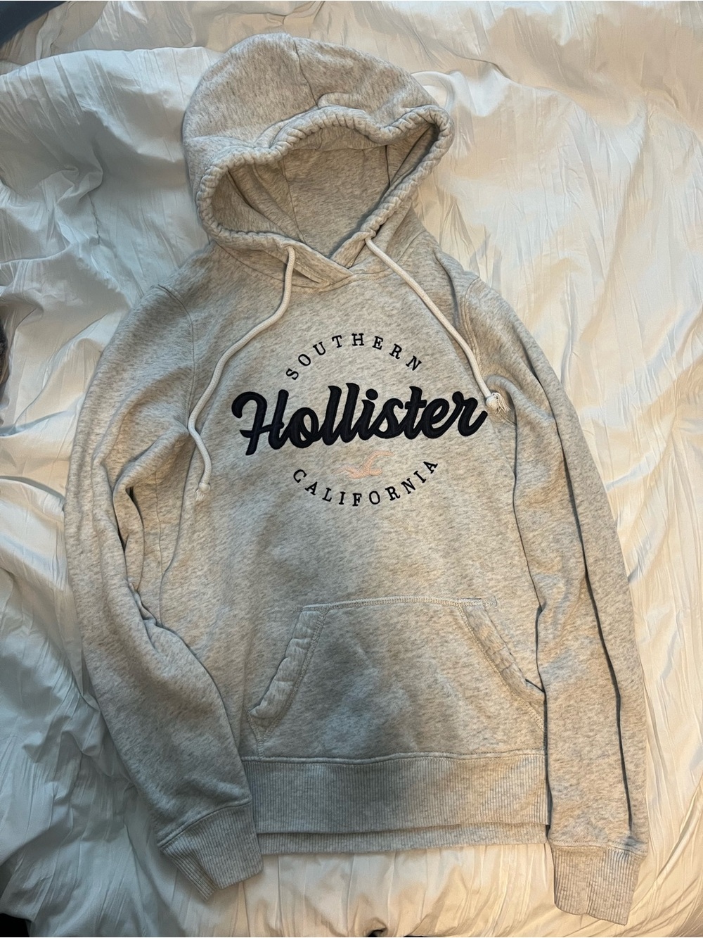 Hollister Light Grey Hoodie Sweatshirt with Navy Script